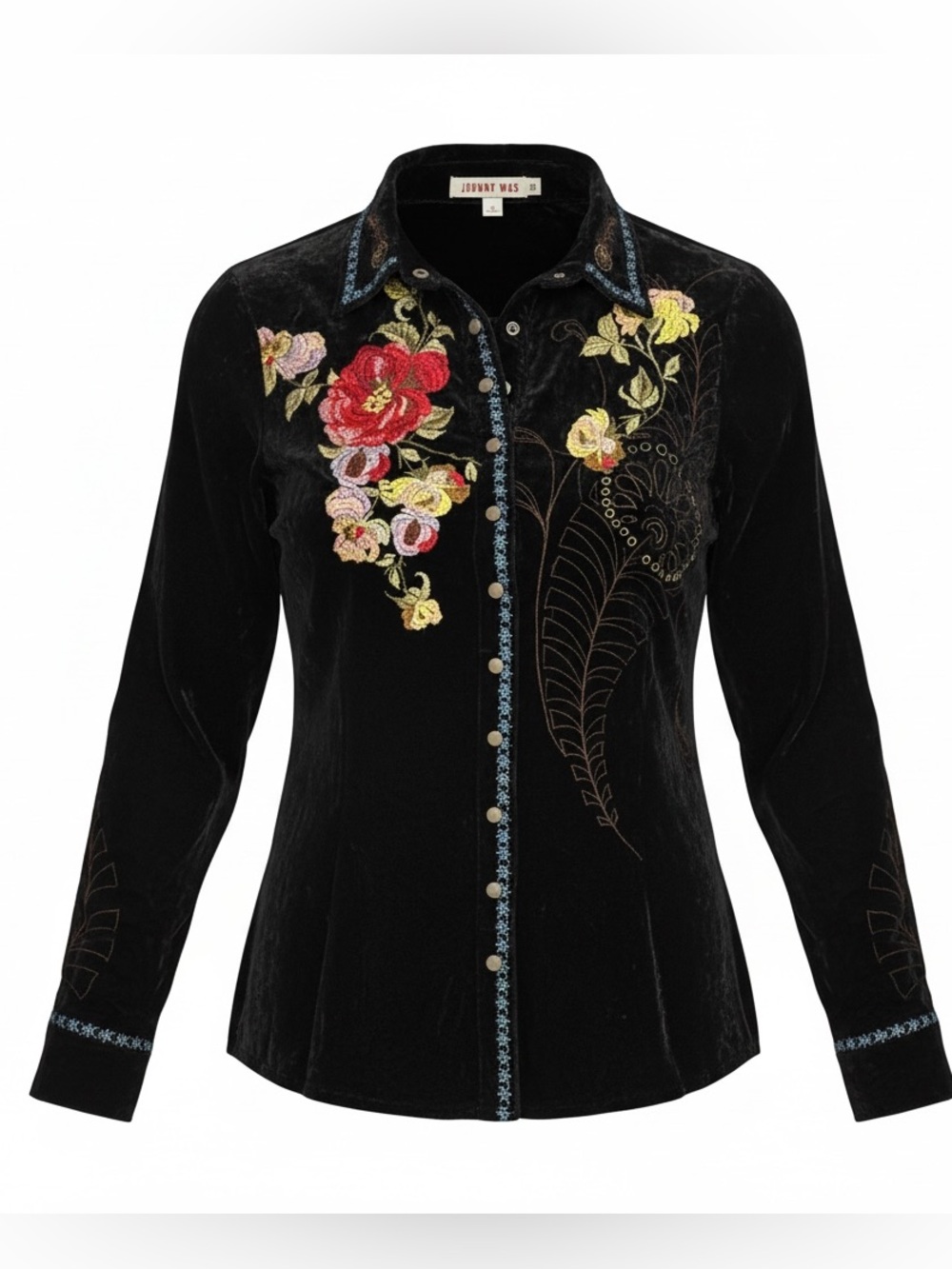Johnny Was Velvet Shirt/Jacket Size Small Black with Vibrant Bohemian Embroidere